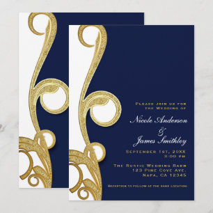 White Gold Navy Blue Chic Elegant Swirl Wedding Invitation