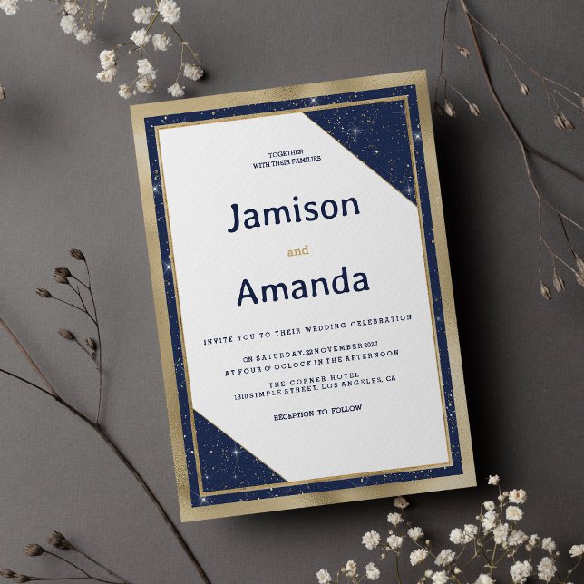 White gold navy blue glitter geometric Wedding Invitation (White gold navy blue glitter geometric Wedding )