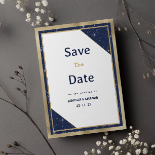 White gold navy blue glitter glam Save The Date Invitation