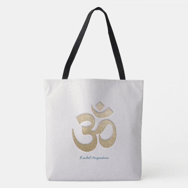 White & Gold OM Symbol Yoga Mediation instructor Tote Bag (Front)