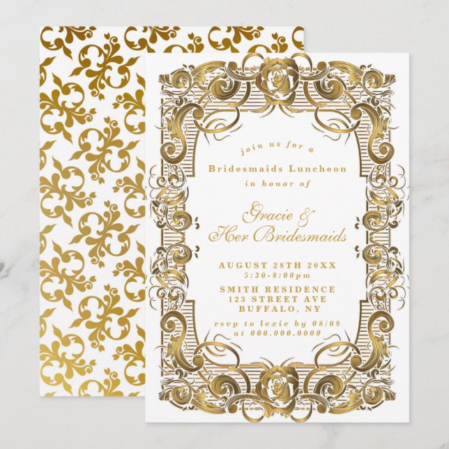 White Gold Ornament Bridesmaids Luncheon Invites (Front/Back)