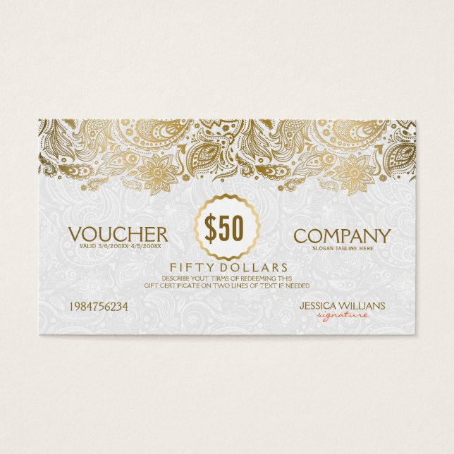 White & Gold Paisley Lace Voucher (Front)