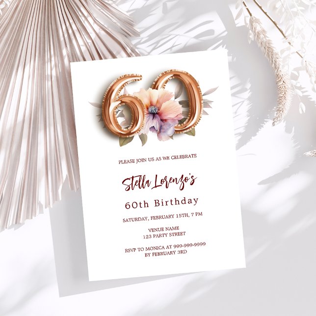 White gold peach floral 60th birthday invitation (Creator Uploaded)
