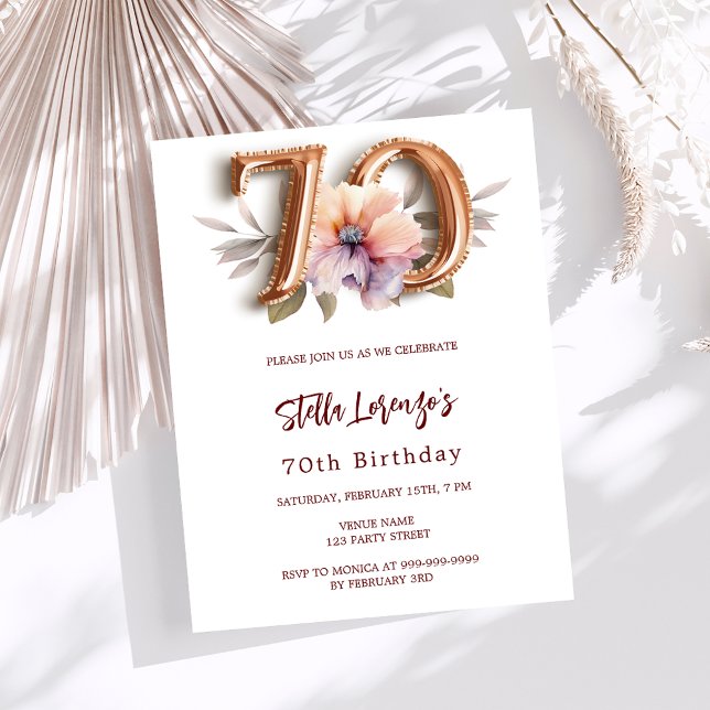White gold peach floral 70th birthday luxury invitation (Creator Uploaded)