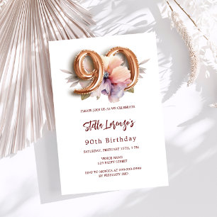White gold peach floral 90th birthday invitation