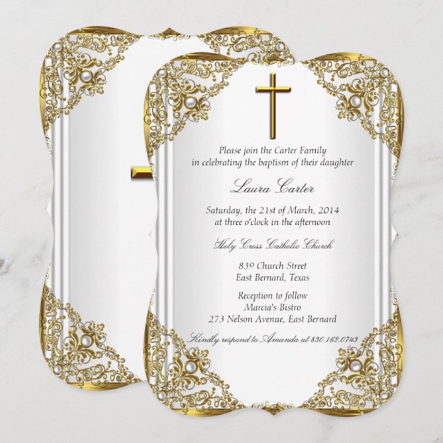 White Gold Pearl Damask Cross Baptism Christening Invitation (Front/Back)