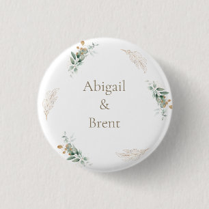 White & Gold Personalised Foliage Wedding 3 Cm Round Badge