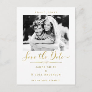 White & Gold Photo Modern Wedding Save the Date Announcement Postcard