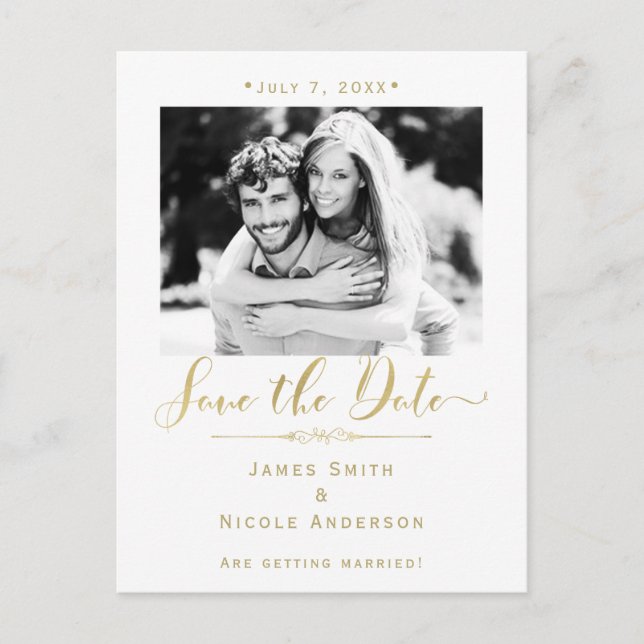 White & Gold Photo Modern Wedding Save the Date Announcement Postcard (Front)
