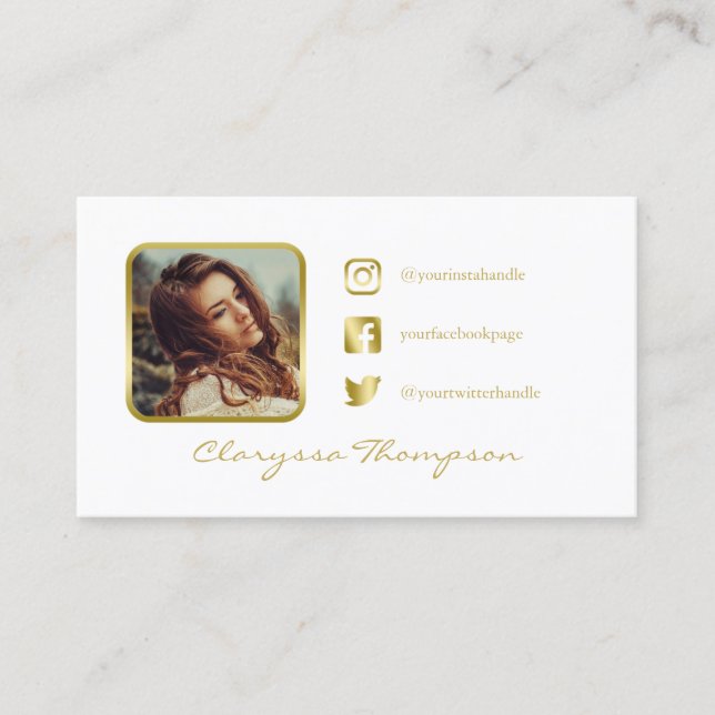 White & Gold Photo Social Media Calling Card (Front)