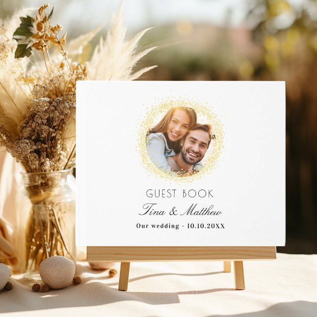 White gold photo sparkles elegant wedding guest book (Creator Uploaded)