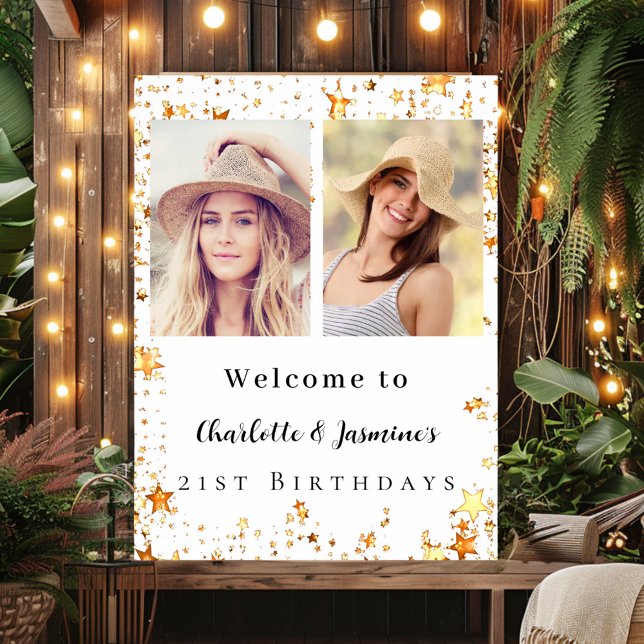 White gold photo stars 2 persons birthday welcome poster (Creator Uploaded)