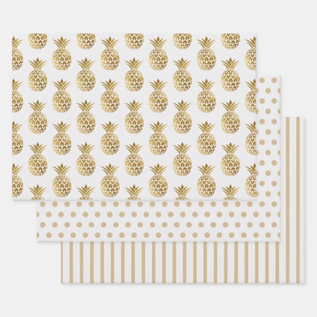 White Gold Pineapples Polka Dots Stripes Solid Wrapping Paper Sheet (Set)