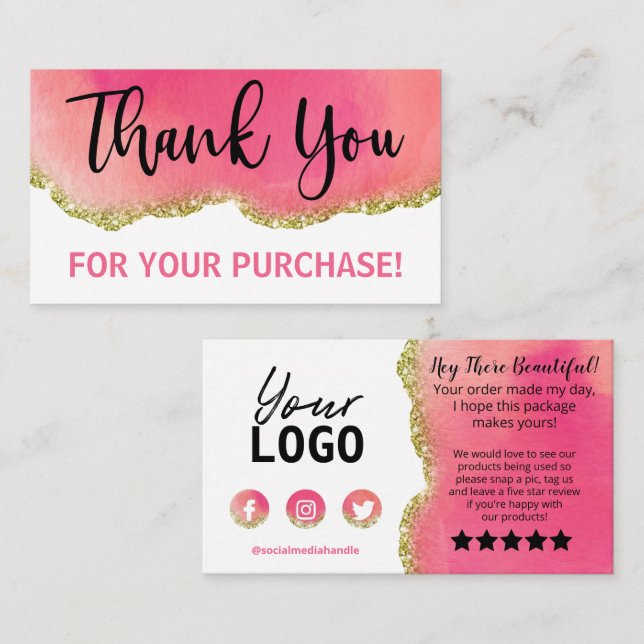 White Gold Pink Agate Thank You Purchase Business Card (Front/Back)