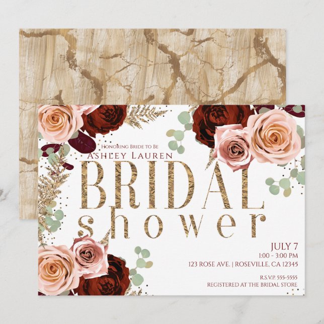 White Gold Pink Burgundy Roses Bridal Shower Invitation (Front/Back)