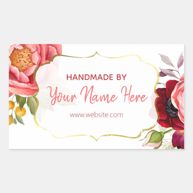 White Gold Pink Floral Watercolor Handmade Rectangular Sticker (Front)