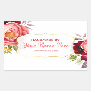 White Gold Pink Floral Watercolor Handmade Rectangular Sticker