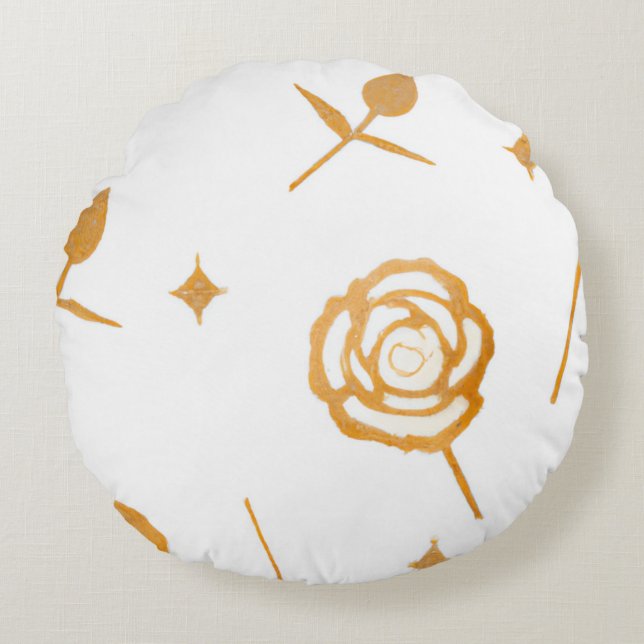 White & Gold Plate Rose Floral Pattern Round Cushion (Front)