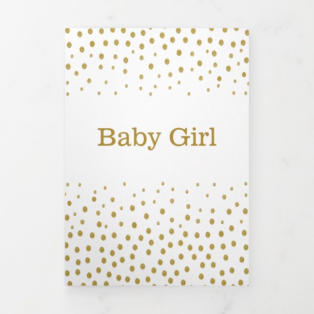 White & Gold Polka Dot, 3 Photo Collage Baby Birth Tri-Fold Announcement (Cover)
