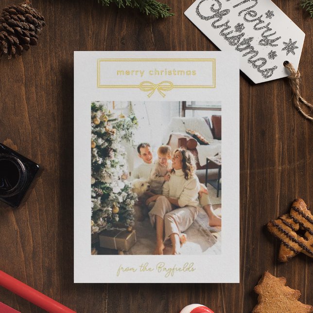 White Gold Pretty Bow Photo Merry Christmas Foil Holiday Card (Creator Uploaded)