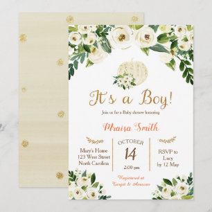 White Gold Pumpkin Baby Shower Invitation Boy