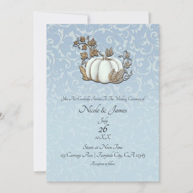 White & Gold Pumpkin Blue Grey Cinderella Wedding Invitation (Front)