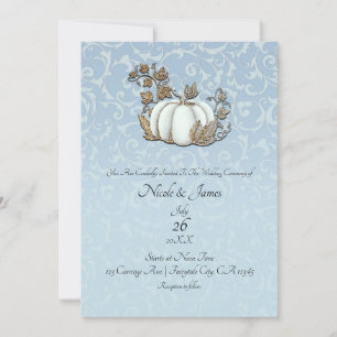 White & Gold Pumpkin Blue Grey Cinderella Wedding Invitation