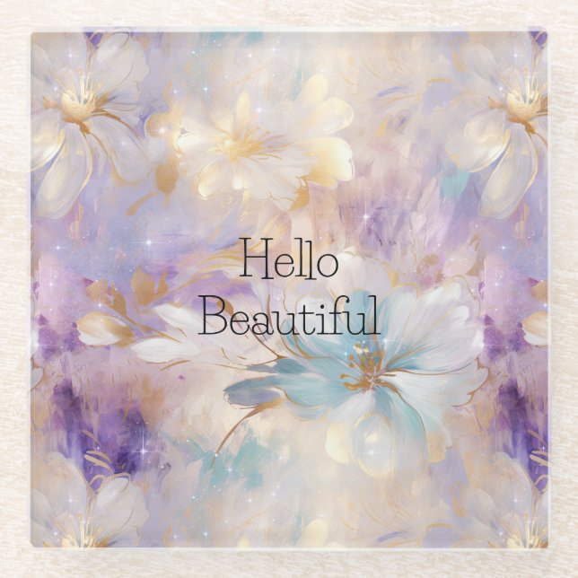 White Gold Purple Blue Floral Glass Coaster (Front)