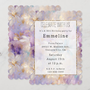 White Gold Purple Blue Floral Invitation