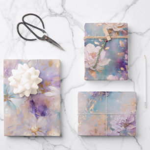White Gold Purple Blue Floral Wrapping Paper Sheet