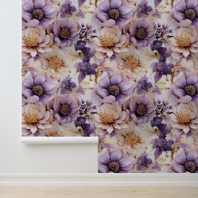 White Gold Purple Floral Pattern Peel and Stick Wallpaper (Application)