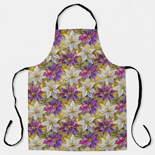 White Gold Purple Pink Christmas Poinsettias Apron (Front)