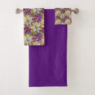 White Gold Purple Pink Christmas Poinsettias Bath Towel Set