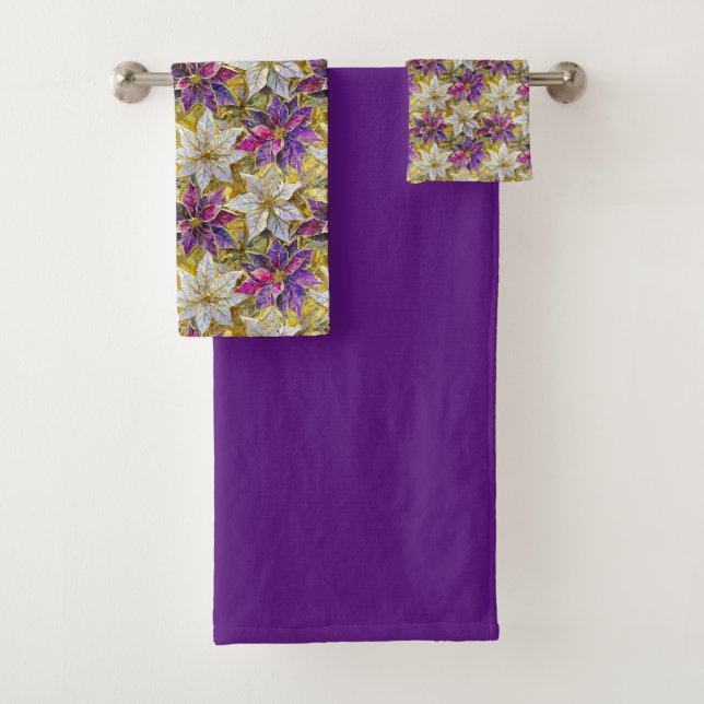White Gold Purple Pink Christmas Poinsettias Bath Towel Set (Insitu)