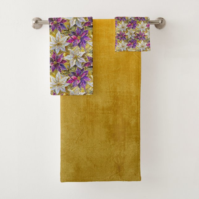 White Gold Purple Pink Christmas Poinsettias Bath Towel Set (Insitu)