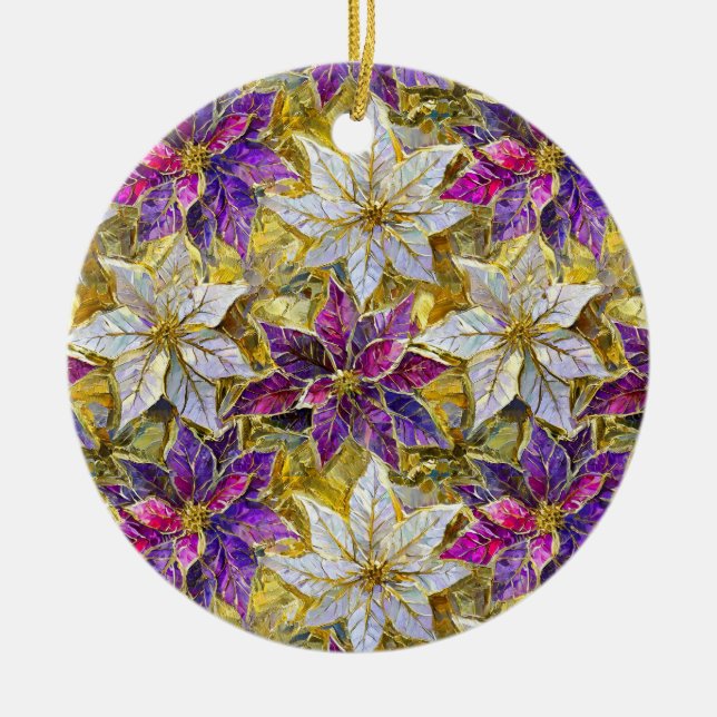 White Gold Purple Pink Christmas Poinsettias Ceramic Tree Decoration (Front)