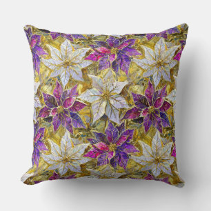 White Gold Purple Pink Christmas Poinsettias Cushion