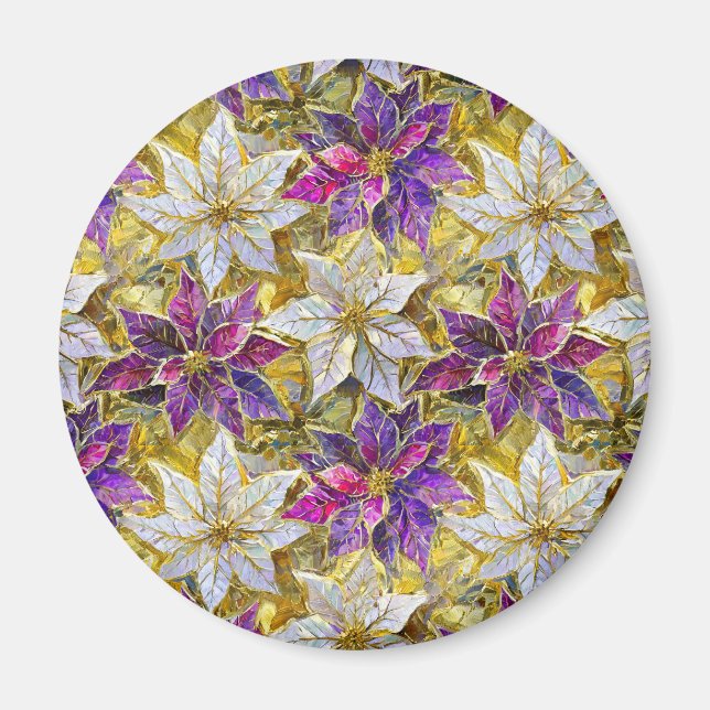 White Gold Purple Pink Christmas Poinsettias Magnet (Front)