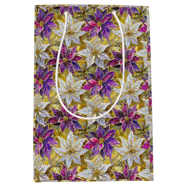 White Gold Purple Pink Christmas Poinsettias Medium Gift Bag (Front)