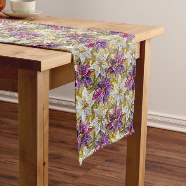 White Gold Purple Pink Christmas Poinsettias Medium Table Runner (In Situ)