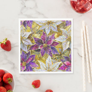 White Gold Purple Pink Christmas Poinsettias Napkin