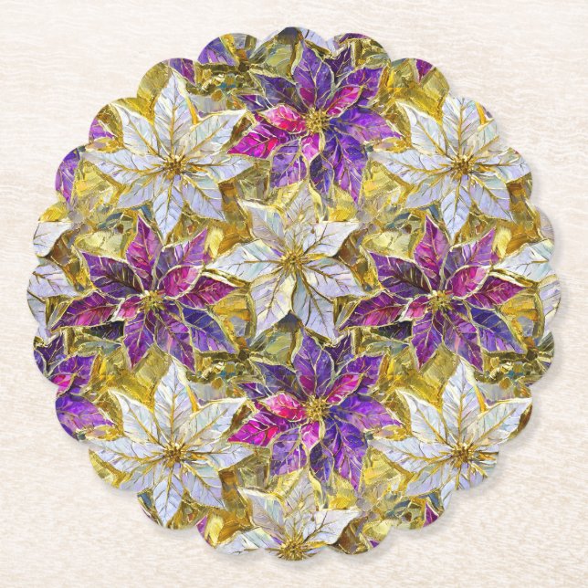 White Gold Purple Pink Christmas Poinsettias Paper Coaster (Front)