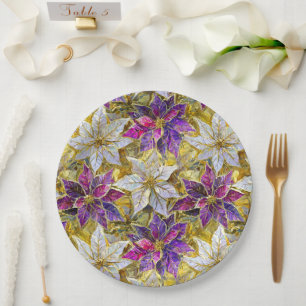 White Gold Purple Pink Christmas Poinsettias Paper Plate