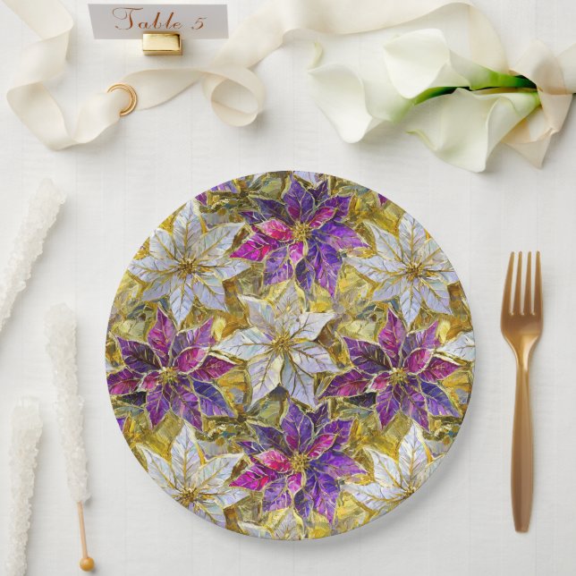 White Gold Purple Pink Christmas Poinsettias Paper Plate (Wedding)