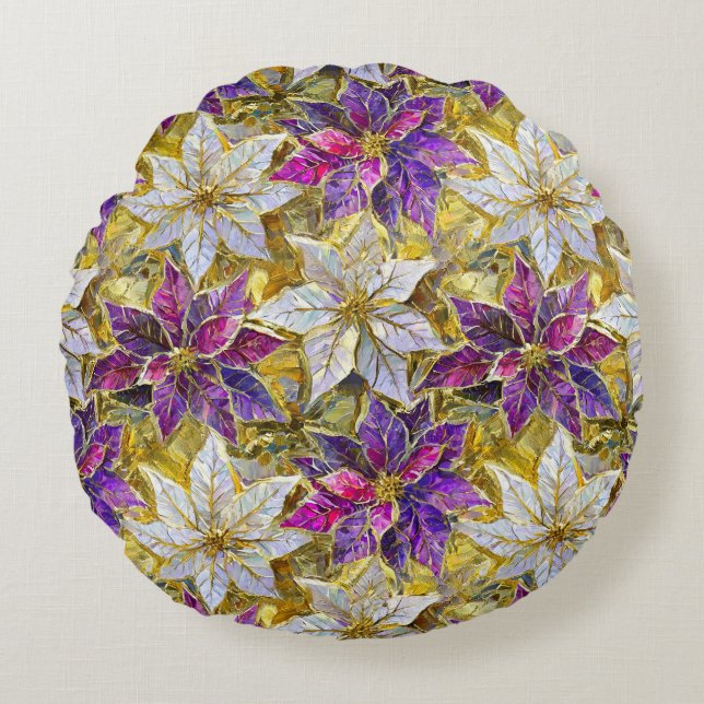 White Gold Purple Pink Christmas Poinsettias Round Cushion (Front)