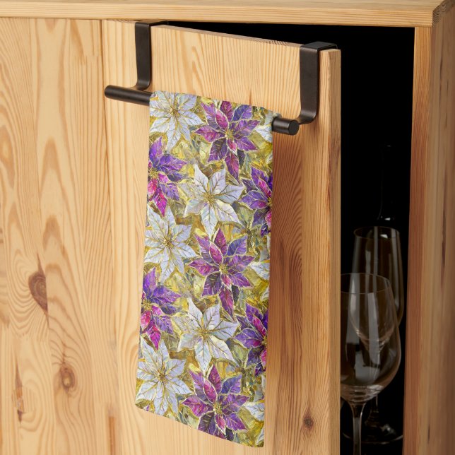 White Gold Purple Pink Christmas Poinsettias Tea Towel (Thirds Fold)