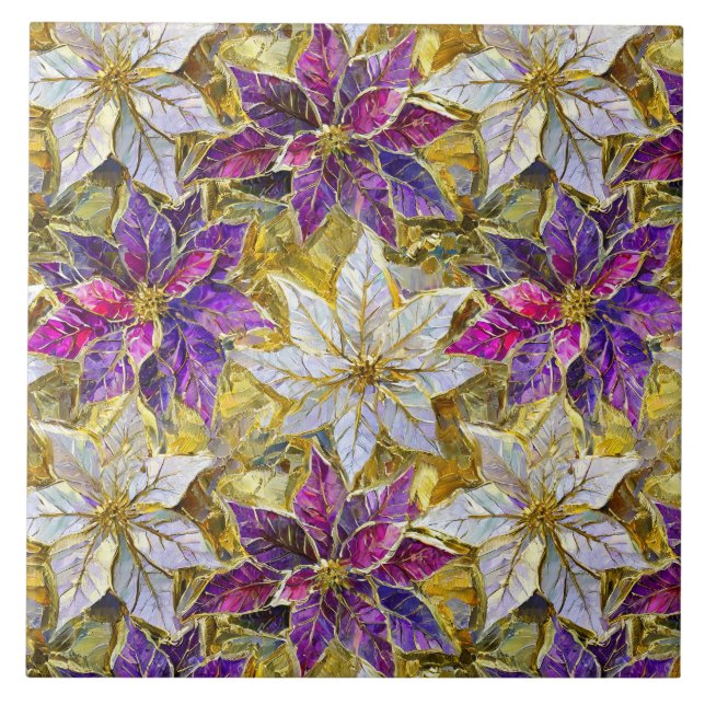 White Gold Purple Pink Christmas Poinsettias Tile (Front)