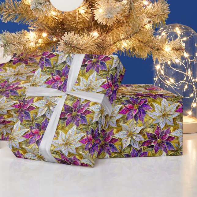 White Gold Purple Pink Christmas Poinsettias Wrapping Paper (Holidays)