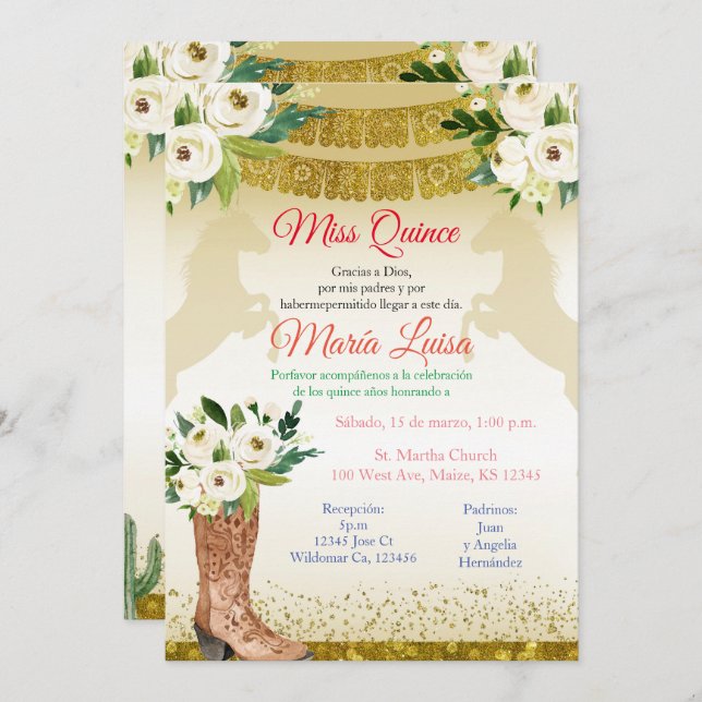 White Gold Quinceanera Mexican Miss Quince Invitation (Front/Back)