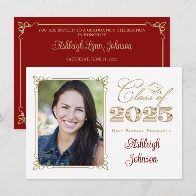White, Gold, Red 2025 Photo Graduation Invite (Front/Back)